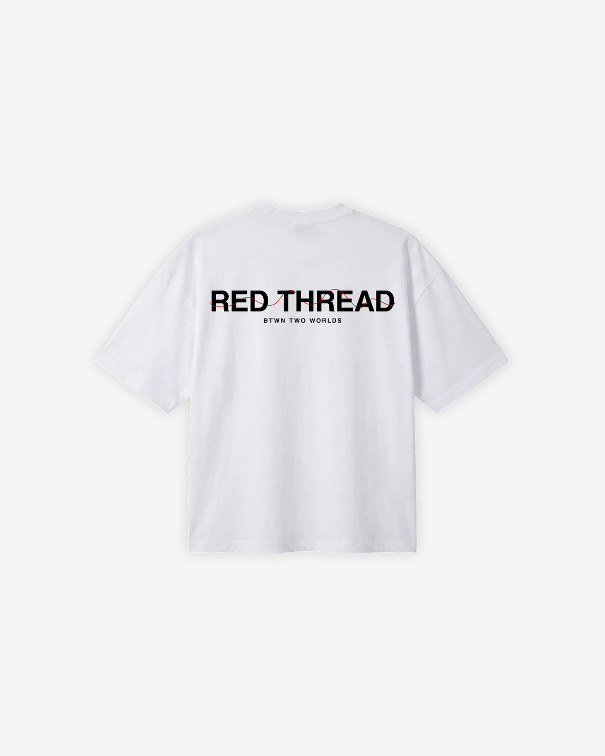 Red Thread Between Two Worlds heavyweight tee in white, back view