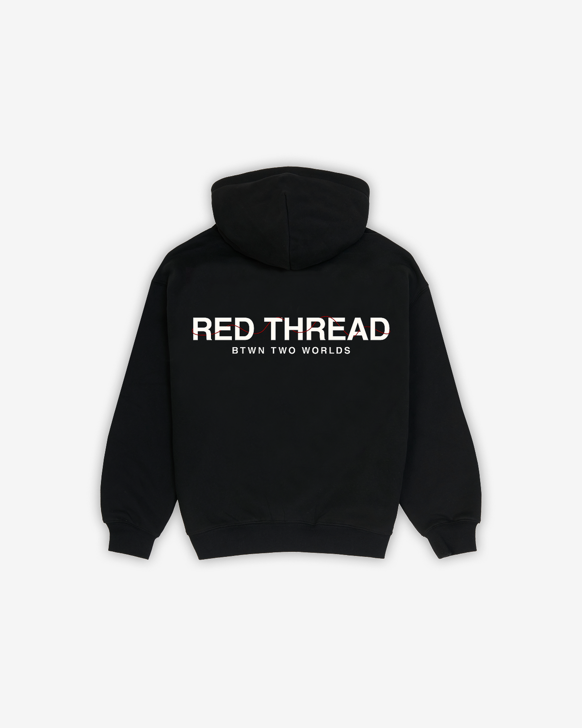 Red Thread Between Two Worlds hoodie in black, back view