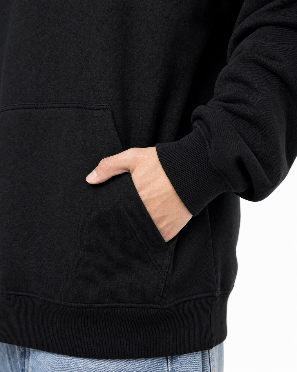Red Thread Between Two Worlds hoodie in black, pocket detail