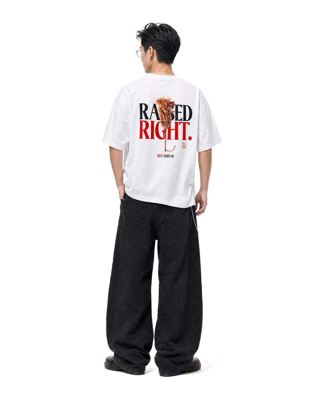 Red Thread Raised Right heavyweight tee in white, worn by a male model