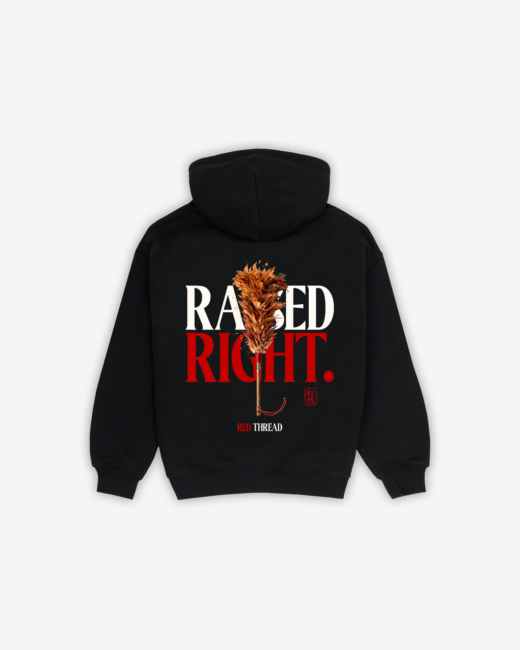 Red Thread Raised Right hoodie in black, back view